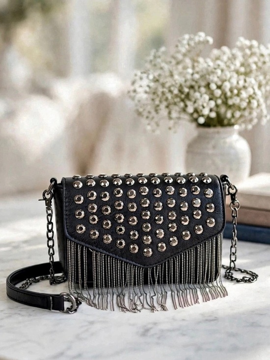 Handbags - Black Studded Fringe Crossbody Bag